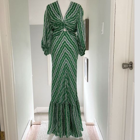 Sandro Agnetta Maxi Dress Cut Out Details 3/4 Sleeve Green Viscose Bias Cut - Picture 3 of 16
